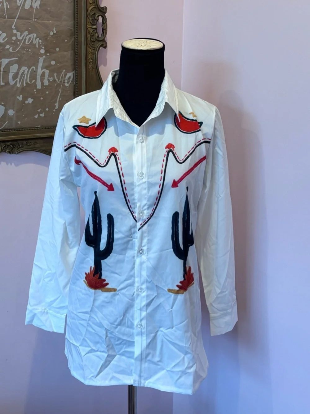 Vintage Western Embroidered Button Down Shirt with Cactus - Picture 3 of 6